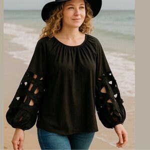 NWT JONES NY BLACK COTTON BALLOON LONG SLEEVES W CUT-OUTS RELAX FIT BLOUSE SZ 3X